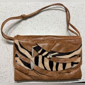 Susan Farber Collections Brown Leather Shoulder Bag with Zebra Haircalf Accent